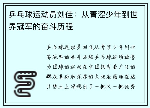 乒乓球运动员刘佳：从青涩少年到世界冠军的奋斗历程